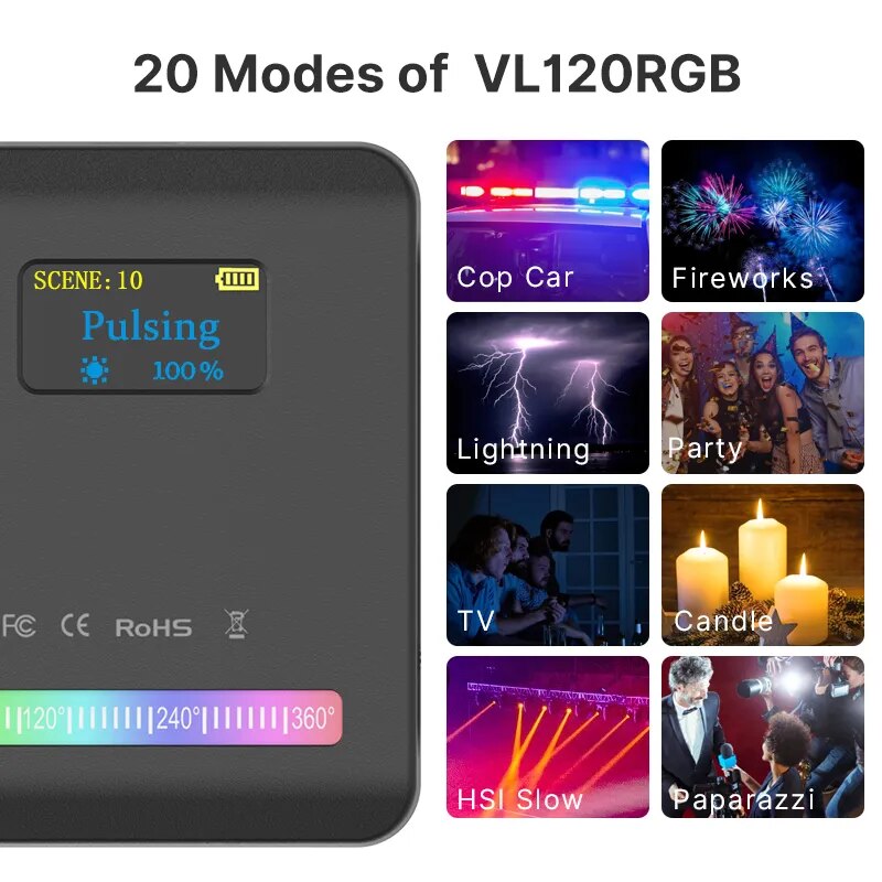 Ulanzi VL120 Luz de vídeo compacta RGB com difusor de ecrã Mini câmara com luz RGB para smartphone Iluminação para selfies 3100mAh