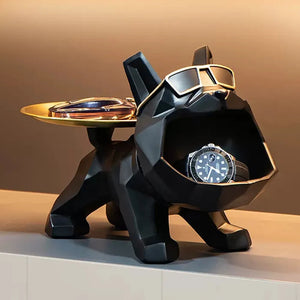 Escultura Bulldog Estilo Geométrico Resina cão mordomo com bandeja para chaves