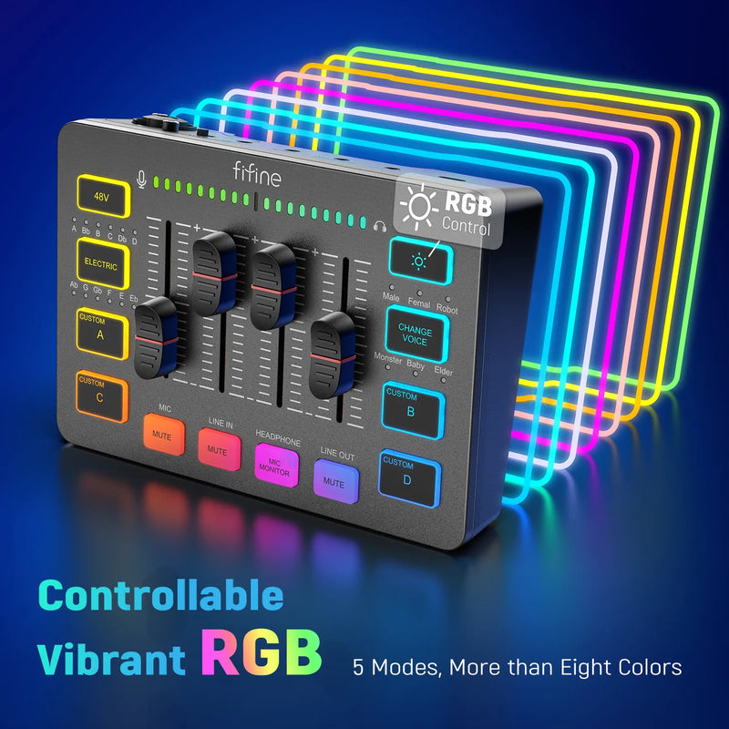 Mixer de áudio para jogos FIFINE mixer RGB de 4 canais com interface de microfone XLR, para voz de jogo, podcast, AmpliGame SC3