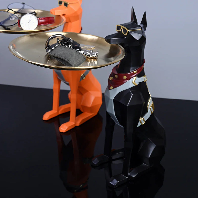 Doberman Pinscher Escultura Mordomo Com Bandeja - Detaila