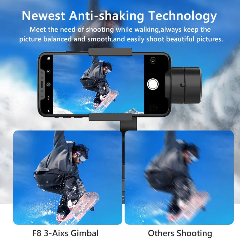 F8 Suporte de telefone com cardan de 3 eixos portátil Anti-vibração Estabilizador de gravação de vídeo para Xiaomi iPhone Cellphone Smartphone