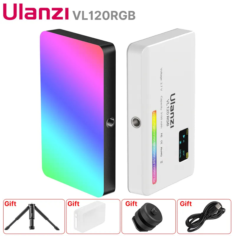 Ulanzi VL120 Luz de vídeo compacta RGB com difusor de ecrã Mini câmara com luz RGB para smartphone Iluminação para selfies 3100mAh