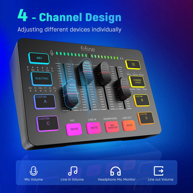 Mixer de áudio para jogos FIFINE mixer RGB de 4 canais com interface de microfone XLR, para voz de jogo, podcast, AmpliGame SC3