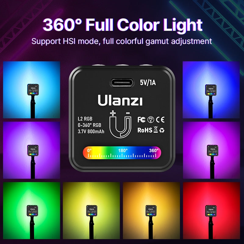 Luz de Vídeo COB RGB Mini - Ulanzi L2 para Cenários de Vídeo 360° com Difusor Fotográfico em Colmeia para Câmera DSLR