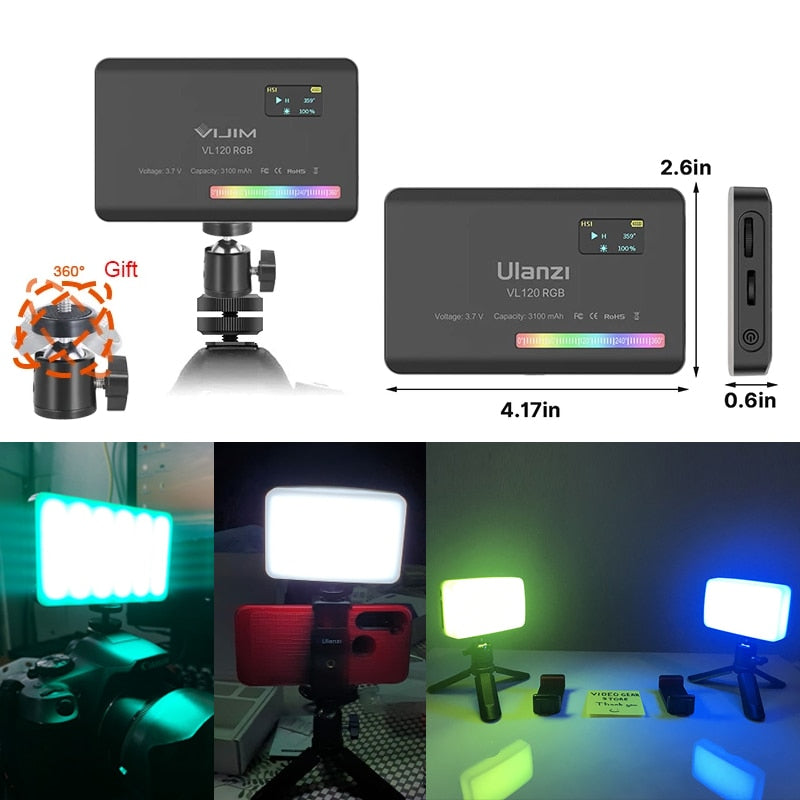 Painel LED Luz de Preenchimento Ulanzi VL120 - Luz de Vídeo LED RGB Recarregável 9000K - para Vlogs, Youtube, Estúdio Fotográfico