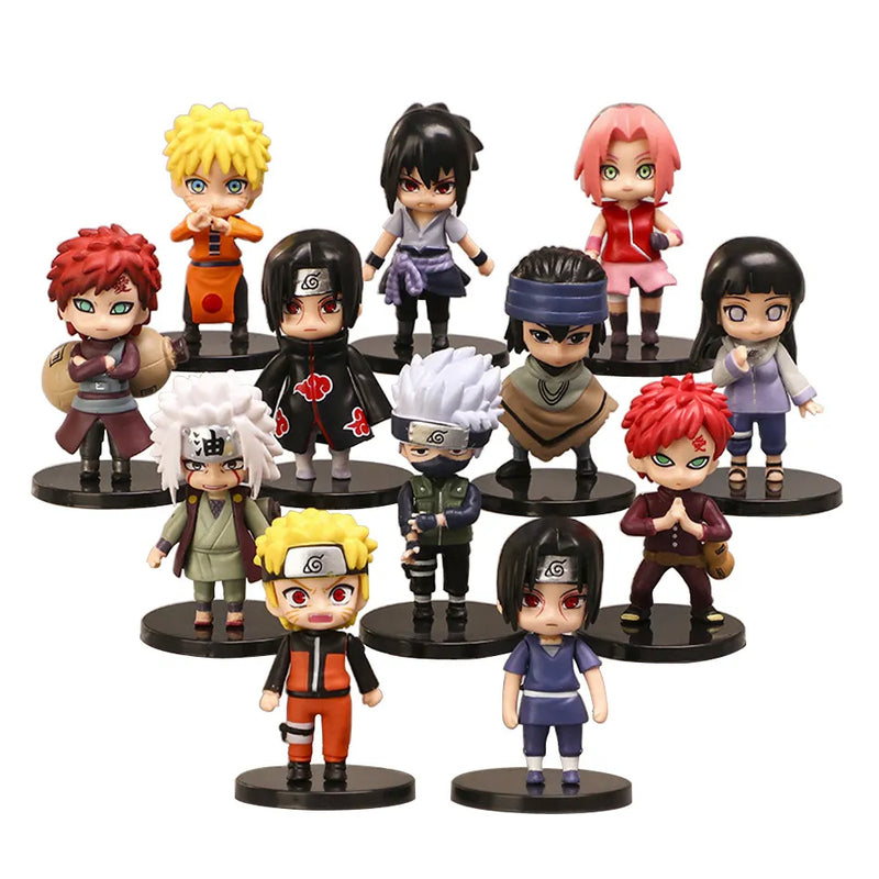 Conjunto 12 Bonecos Anime Naruto Shippuden - Hinata, Sasuke, Itachi, Kakashi, Gaara - Figuras em Versão Mini