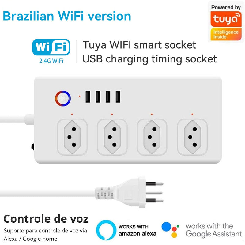 Régua de Energia Inteligente WiFi Tuya com Entradas USB - Extensão Tomada Inteligente, Protetor contra Surtos, Compatível com Alexa