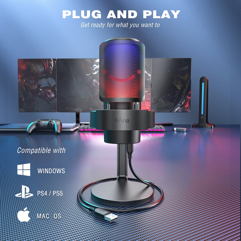 Microfone de Mesa FIFINE AmpliGame A8 LED RGB USB - com Condensador Cardioide para gravação streaming em PC e Mac