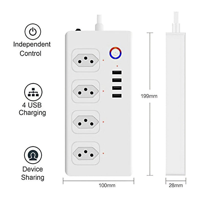 Régua de Energia Inteligente WiFi Tuya com Entradas USB - Extensão Tomada Inteligente, Protetor contra Surtos, Compatível com Alexa