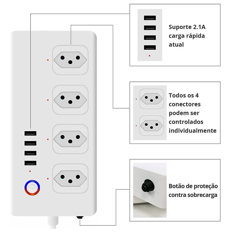 Régua de Energia Inteligente WiFi Tuya com Entradas USB - Extensão Tomada Inteligente, Protetor contra Surtos, Compatível com Alexa