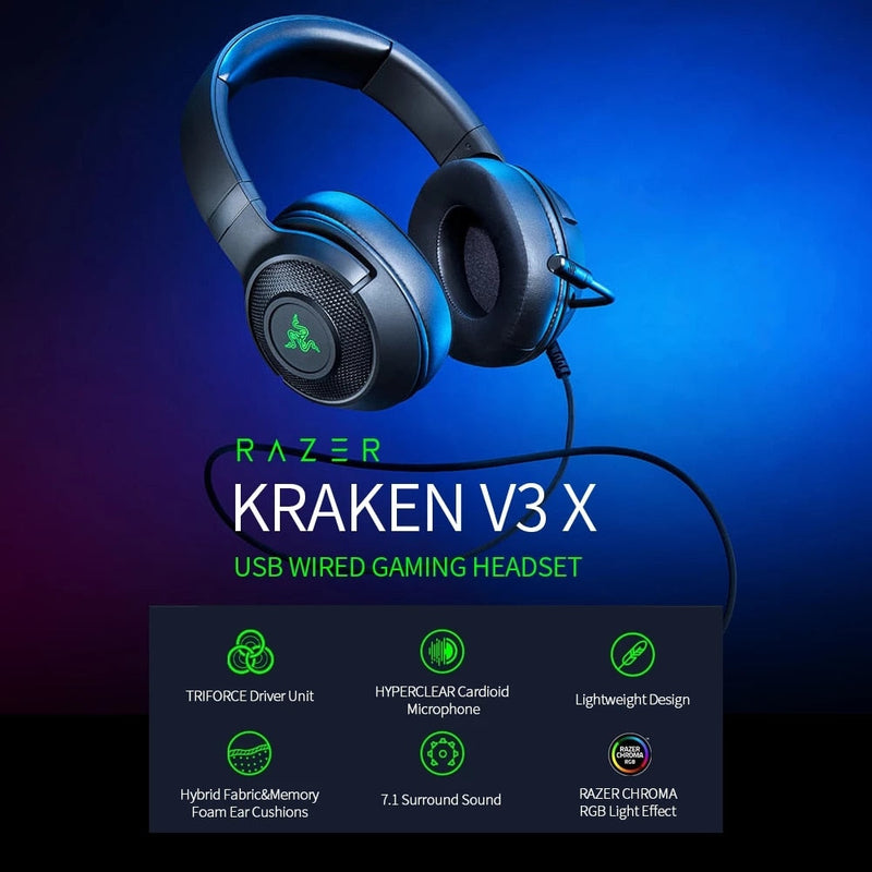 Fone Headset Razer Kraken V3 X com Fio - Para Jogos Com Cancelamento de Ruído e Som 7.1 Surround Com Microfone USB