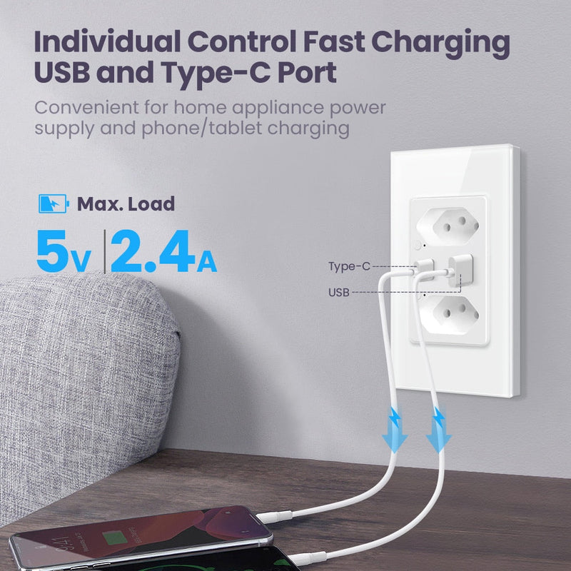 Tomada de Parede Inteligente WiFi AVATTO com Portas USB - Painel de Vidro - Suporta Tuya, Alexa e Google Home