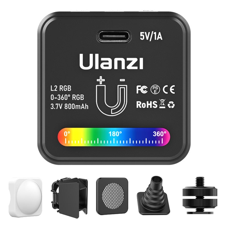 Luz de Vídeo COB RGB Mini - Ulanzi L2 para Cenários de Vídeo 360° com Difusor Fotográfico em Colmeia para Câmera DSLR