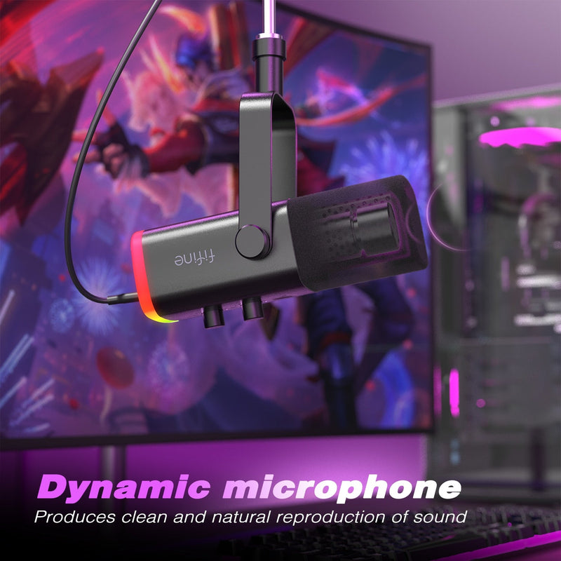 Microfone dinâmico FIFINE Ampligame AM8 RGB USB/XLR - Botão de toque mudo, entrada para fone de ouvido, drive ajustável