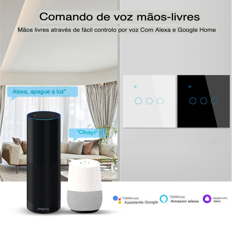 KIT Interruptores de Luz Inteligente WiFi - Painel de Vidro - com Fio Neutro - Suporta Tuya, Alexa e Google Home