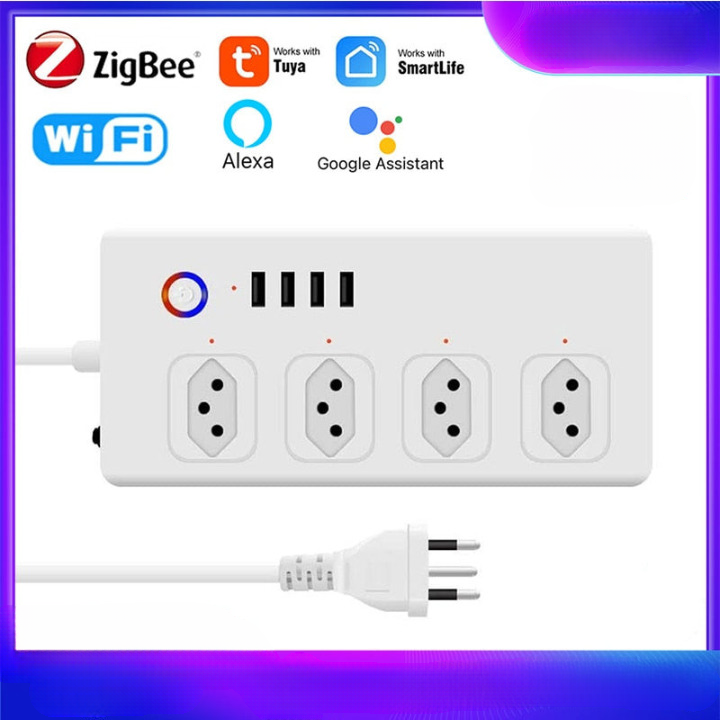 Régua de Energia Inteligente WiFi Tuya com Entradas USB - Extensão Tomada Inteligente, Protetor contra Surtos, Compatível com Alexa