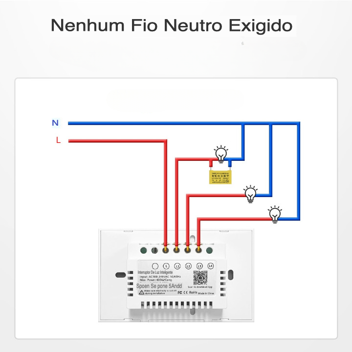 Interruptor Smart WiFi - Sem Neutro - Painel em Vidro 4x2 - Suporta Tuya, Alexa e Google Home